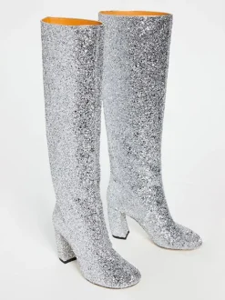 Bottes Souples Pour Femmes Paillettes Argentées Bout Carré Talon Épais Bottes Au Genou