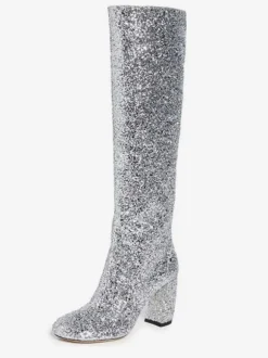 Bottes Souples Pour Femmes Paillettes Argentées Bout Carré Talon Épais Bottes Au Genou