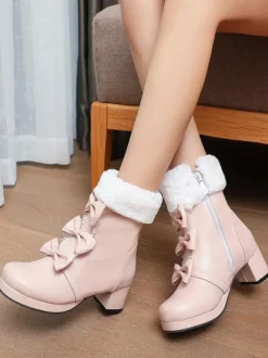 Bottes Sweet Lolita Bout Rond N艙uds Noirs Talon Chunky Bottes Lolita