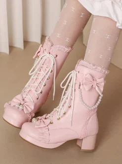 Bottes Sweet Lolita Cuir PU Volants Perles Bout Rond Chaussures Lolita Noires