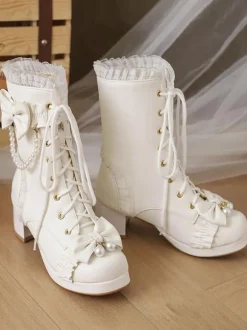Bottes Sweet Lolita Cuir PU Volants Perles Bout Rond Chaussures Lolita Noires
