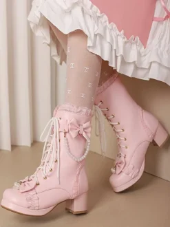 Bottes Sweet Lolita Cuir PU Volants Perles Bout Rond Chaussures Lolita Noires