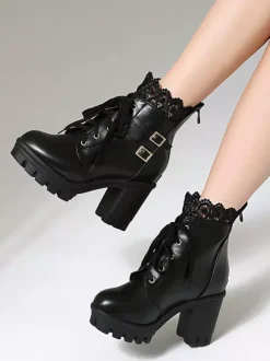Bottes Sweet Lolita en cuir PU avec n艙uds et bout rond chaussures Lolita roses