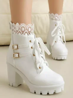 Bottes Sweet Lolita en cuir PU avec n艙uds et bout rond chaussures Lolita roses