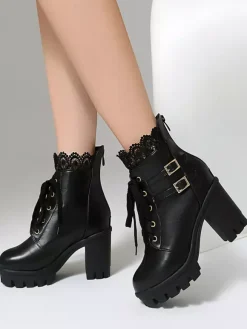 Bottes Sweet Lolita en cuir PU avec n艙uds et bout rond chaussures Lolita roses