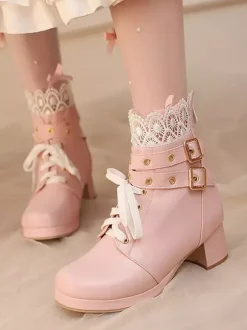 Bottes Sweet Lolita noires à n艙uds bout rond chaussures Lolita en cuir PU
