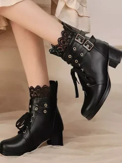 Bottes Sweet Lolita noires à n艙uds bout rond chaussures Lolita en cuir PU