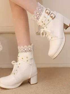 Bottes Sweet Lolita noires à n艙uds bout rond chaussures Lolita en cuir PU