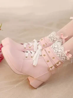 Bottes Sweet Lolita noires à n艙uds bout rond chaussures Lolita en cuir PU