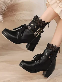 Bottes Sweet Lolita noires à n艙uds bout rond chaussures Lolita en cuir PU