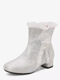 Bottes Sweet Lolita roses à n艙uds bout rond chaussures Lolita en textile