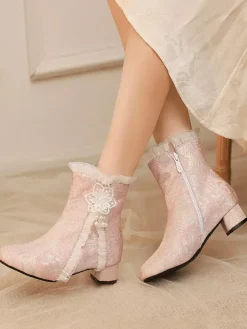 Bottes Sweet Lolita roses à n艙uds bout rond chaussures Lolita en textile