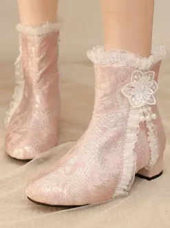 Bottes Sweet Lolita roses à n艙uds bout rond chaussures Lolita en textile