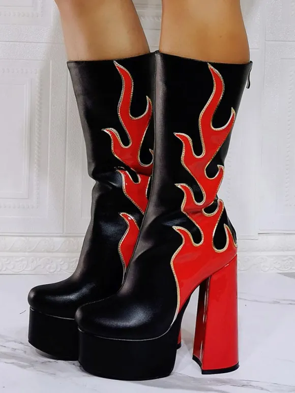 Bottes à Talons Hauts avec Plateforme Imprimés Femme avec Bout Rond Bicolores