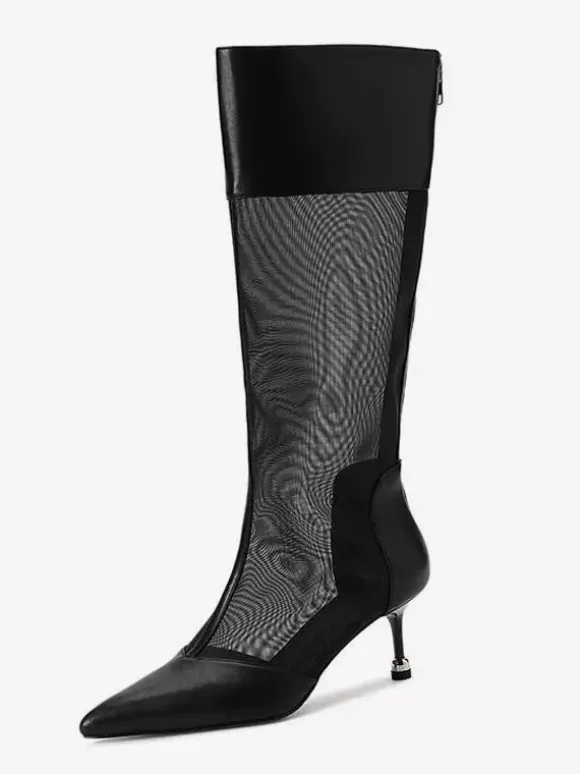 Bottes à talons hauts en maille patchwork à bout pointu jusqu'aux genoux