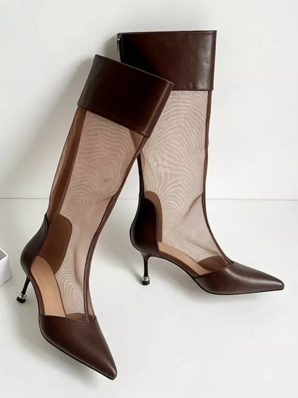 Bottes à talons hauts en maille patchwork à bout pointu jusqu'aux genoux