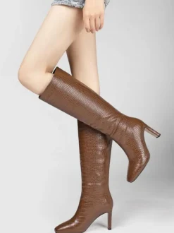 Bottes à Talons Hauts Femme avec Bout Pointu en Cuir Synthétique Unicolore