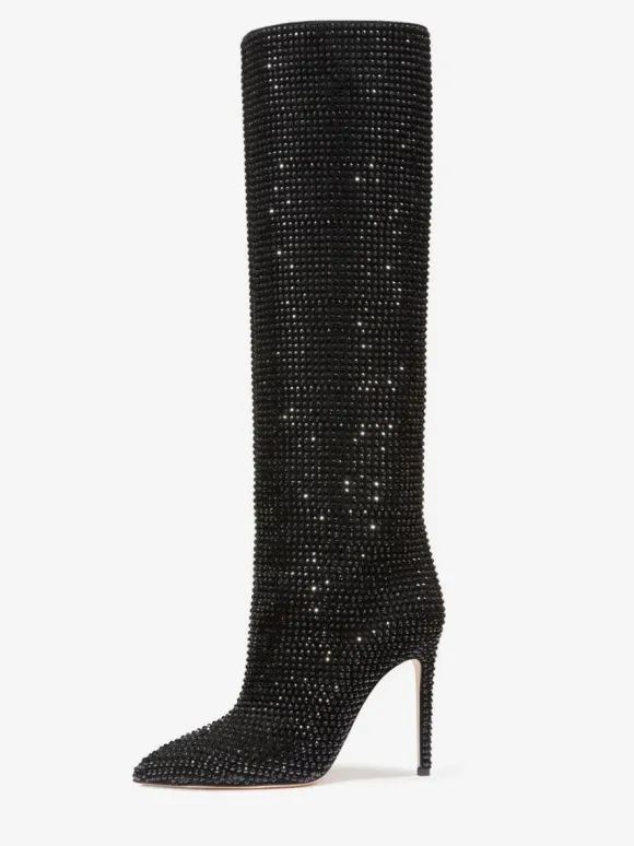 Bottes à Talons Hauts Femme en Cuir Synthétique avec Bout Rond en Paillettes Unicolore