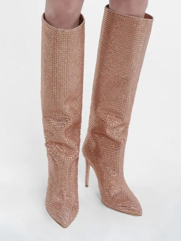 Bottes à Talons Hauts Femme en Cuir Synthétique avec Bout Rond en Paillettes Unicolore