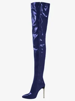 Bottes à talons hauts sexy bout pointu talon aiguille cuissardes bleues femme