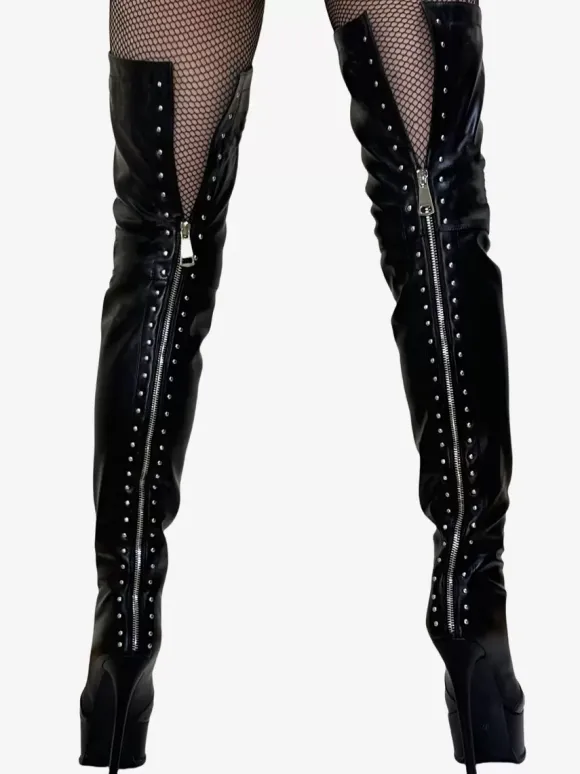 Bottes à talons hauts sexy à bout rond avec fermeture éclair et talon aiguille style streetwear bottes hautes noires en PU bottes au-dessus du genou
