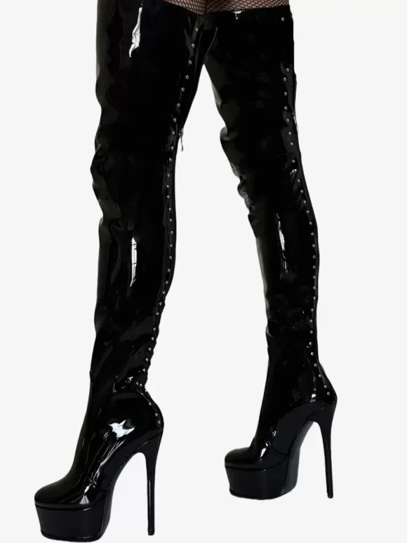 Bottes à talons hauts sexy à bout rond avec fermeture éclair et talon aiguille style streetwear bottes hautes noires en PU bottes au-dessus du genou