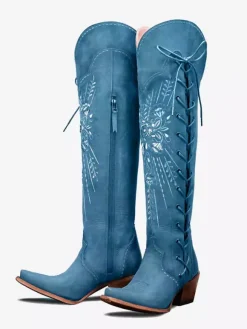 Bottes western au-dessus du genou pour femmes bottes hautes à lacets brodées marron café à bout pointu