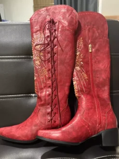 Bottes western au-dessus du genou pour femmes bottes hautes à lacets brodées marron café à bout pointu