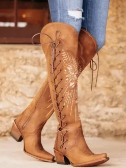 Bottes western au-dessus du genou pour femmes bottes hautes à lacets brodées marron café à bout pointu