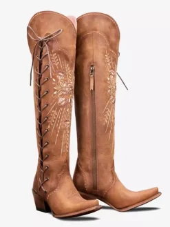 Bottes western au-dessus du genou pour femmes bottes hautes à lacets brodées marron café à bout pointu