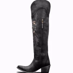 Bottes western au-dessus du genou pour femmes bottes hautes à lacets brodées marron café à bout pointu