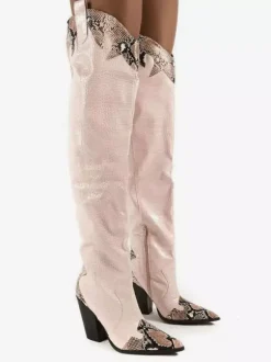 Bottes western noires à bout pointu et talon épais motif serpent cuissardes