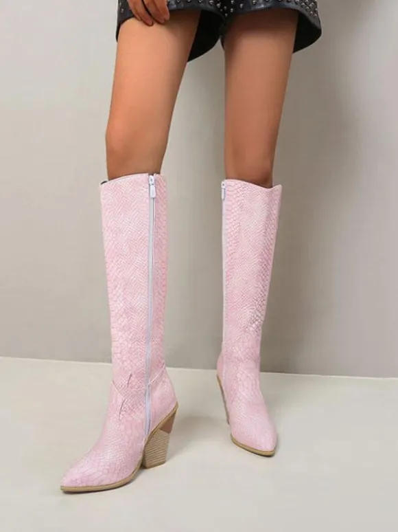 Bottes western pour femmes Bottes au genou en peau de serpent Talon bloc Bottes de cow-girl roses