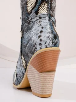 Bottes western pour femmes Bottes au genou en peau de serpent Talon bloc Bottes de cow-girl roses