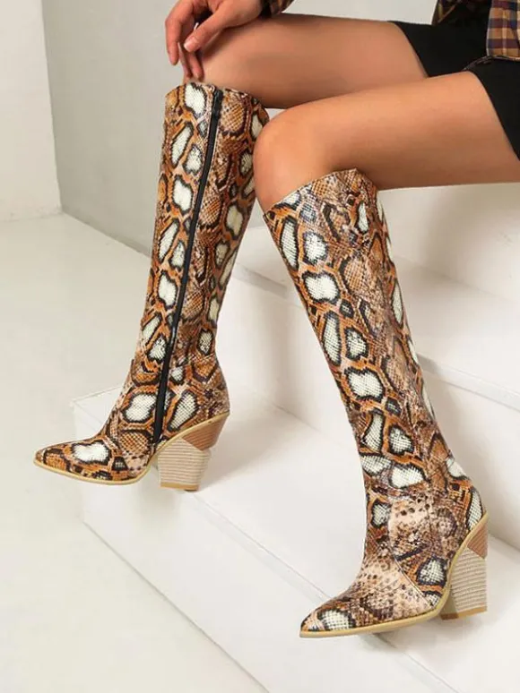 Bottes western pour femmes Bottes au genou en peau de serpent Talon bloc Bottes de cow-girl roses
