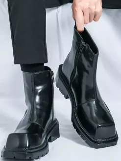 Bottines à bout carré pour homme semelle plateforme antidérapante bottines courtes robustes pour l'extérieur et l'hiver