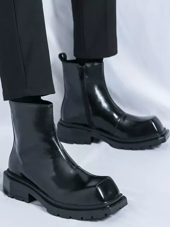 Bottines à bout carré pour homme semelle plateforme antidérapante bottines courtes robustes pour l'extérieur et l'hiver