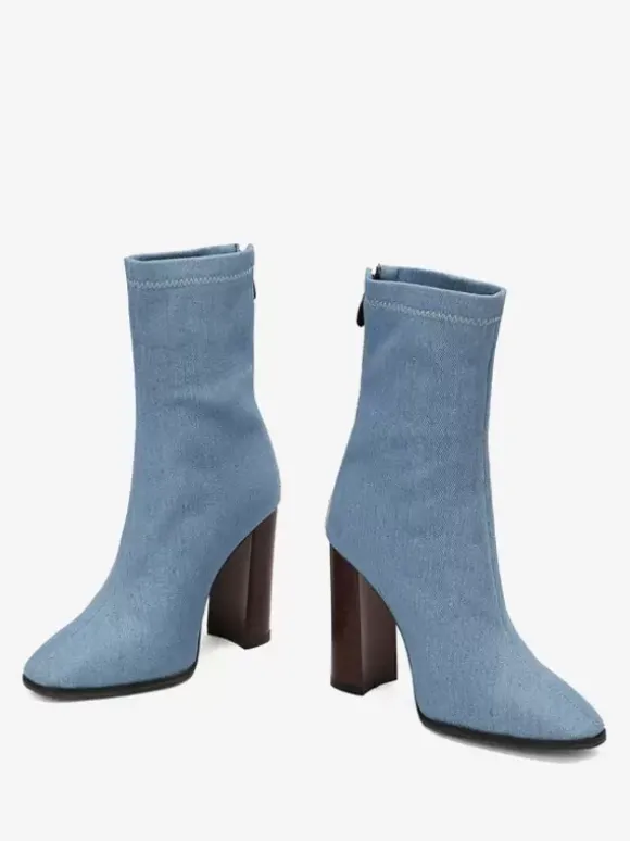 Bottines à fermeture éclair bleu ciel clair pour femmes bottes à bout pointu et talon épais