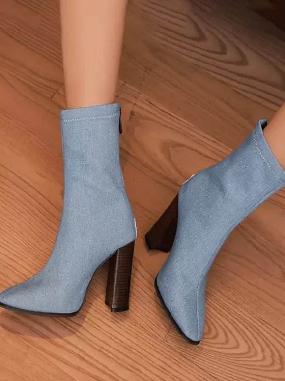 Bottines à fermeture éclair bleu ciel clair pour femmes bottes à bout pointu et talon épais