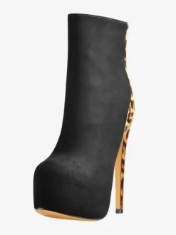 Bottines à lacets léopard pour femmes bottes à fermeture éclair en cuir PU bout rond talon aiguille