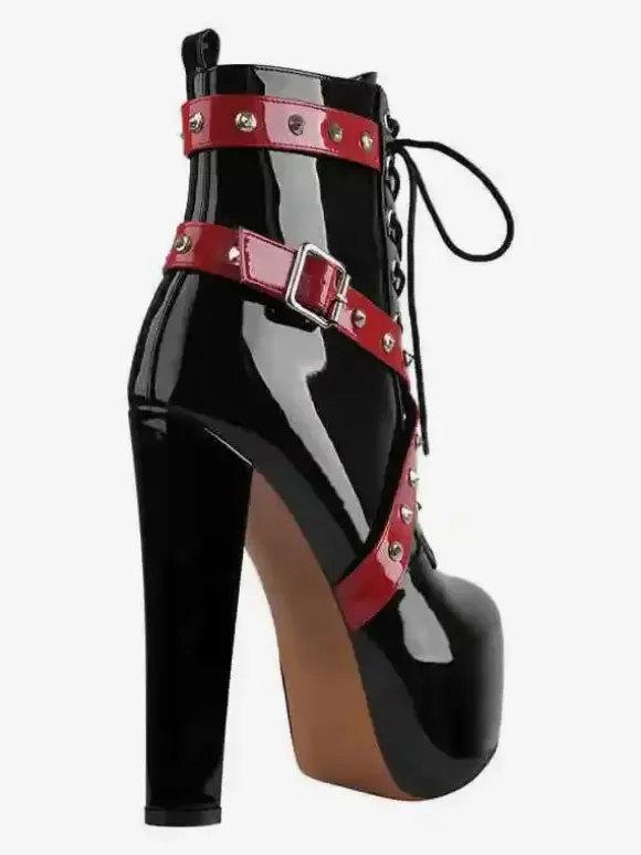 Bottines à rivets noirs pour femmes bottines à bout rond et à talons épais