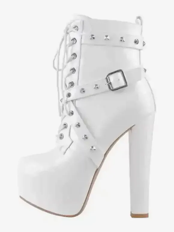 Bottines à rivets noirs pour femmes bottines à bout rond et à talons épais