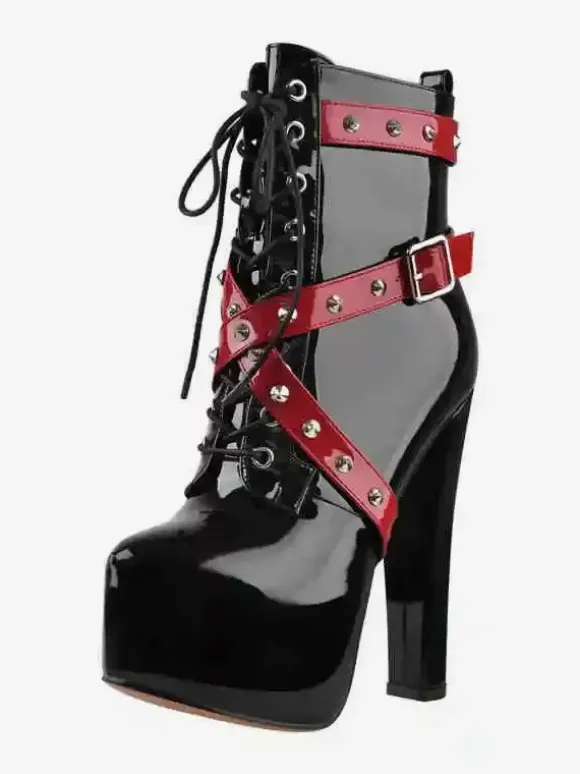 Bottines à rivets noirs pour femmes bottines à bout rond et à talons épais