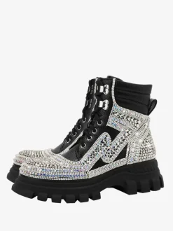 Bottines à strass noires pour femmes Bottines en cuir PU à bout rond et talon épais