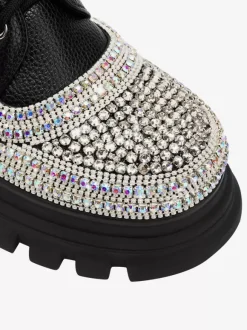Bottines à strass noires pour femmes Bottines en cuir PU à bout rond et talon épais