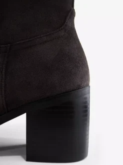 Bottines à talon épais et bout rond en daim marron foncé pour femmes