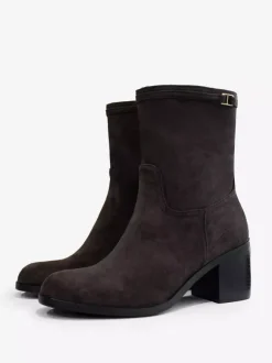 Bottines à talon épais et bout rond en daim marron foncé pour femmes