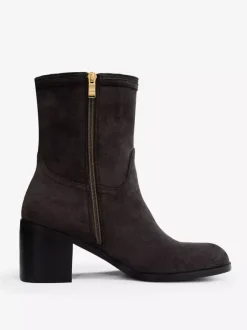Bottines à talon épais et bout rond en daim marron foncé pour femmes