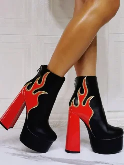 Bottines à Talons Hauts avec Plateforme Femme avec Bout Rond en Cuir Synthétique Bicolores