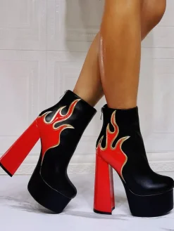 Bottines à Talons Hauts avec Plateforme Femme avec Bout Rond en Cuir Synthétique Bicolores